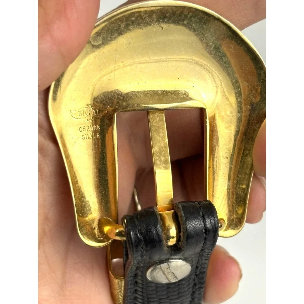 Big Al Western Leather Belt Gold Tone Buckle German Silver Black Size 28 Vintage